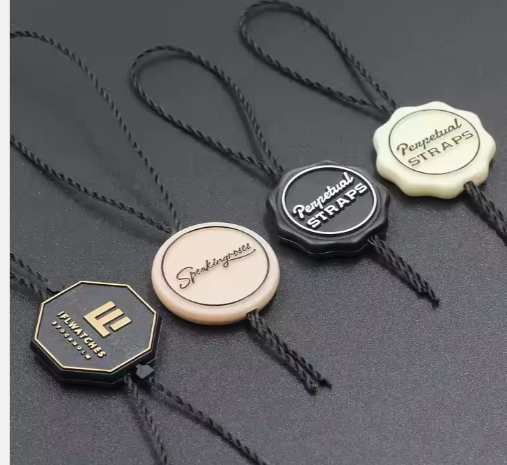 Customized gold logo, label design, plastic seal label, clothing plastic hang tag, with rope