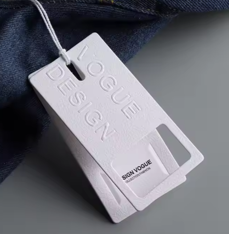 Luxury Recycled Jeans Hanging Paper Label Embossed Custom Printed Hang Tag Cardboard Clothing Hangtag for Clothes Own Logo China